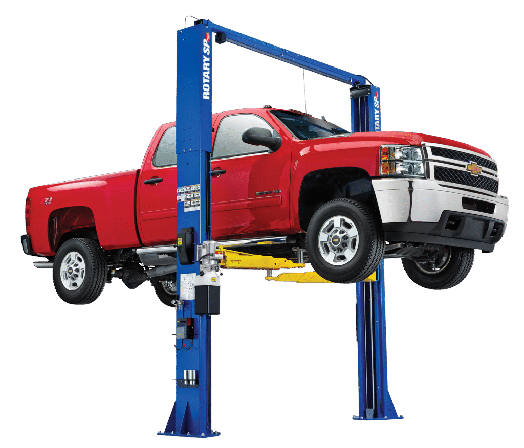 Chevy Silverado Z71 lifted on Rotary SPO12 two-post lift